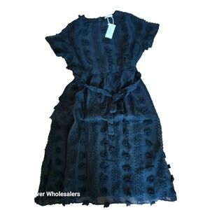 Baltic Born Black Floral Pom Pom Midi Dress Short Sleeve Belted Womens‎ XL